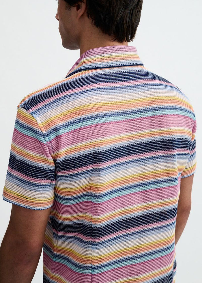 Navy/Pink Engineered Stripe Open Knit Short Sleeve Shirt St-24075