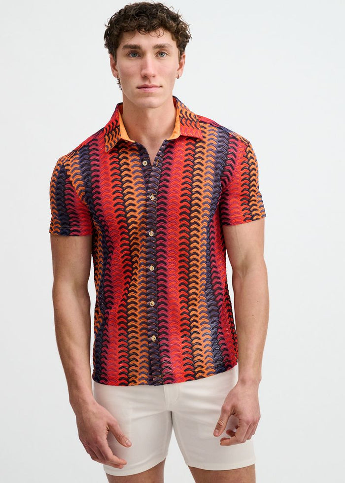 Navy/Red Vertical Arrow Stripe Open Knit Short Sleeve Shirt St-24072