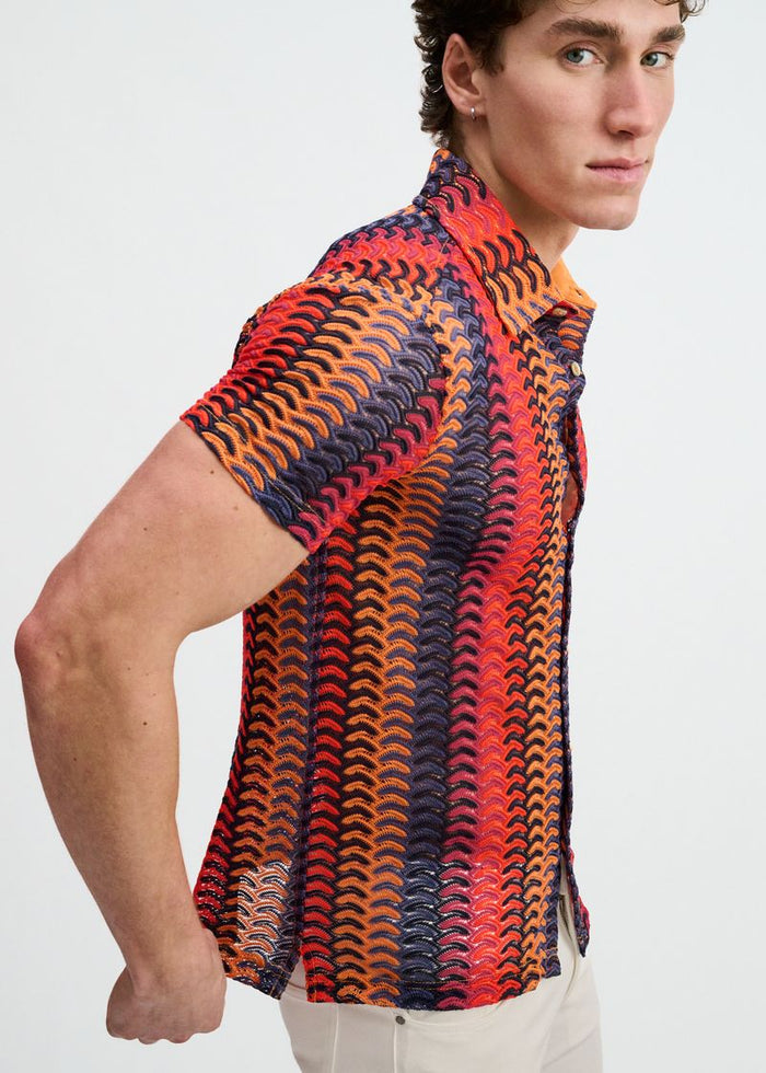 Navy/Red Vertical Arrow Stripe Open Knit Short Sleeve Shirt St-24072