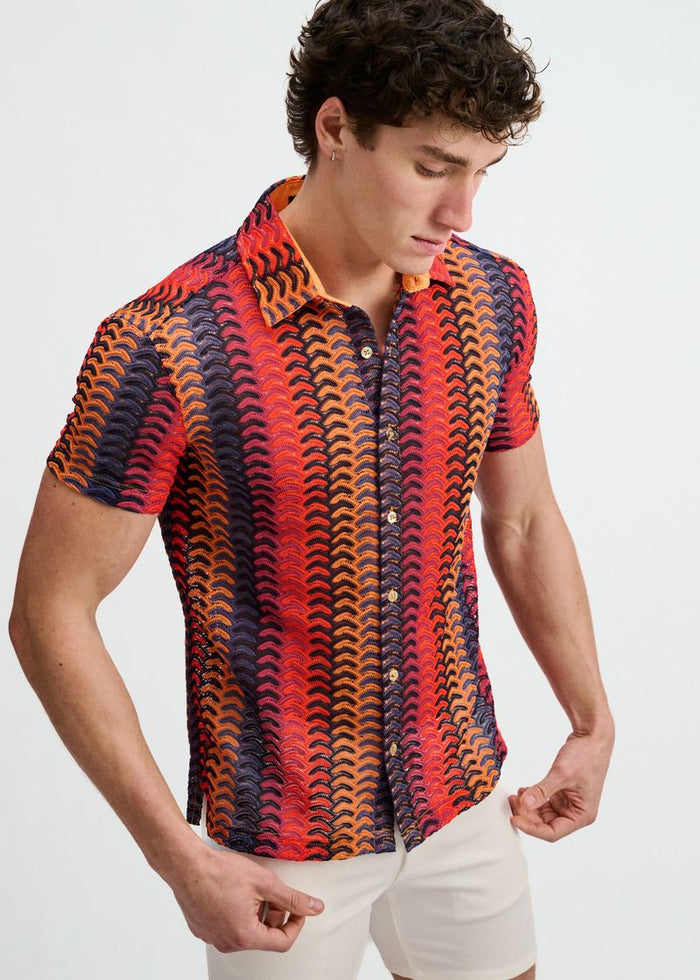 Navy/Red Vertical Arrow Stripe Open Knit Short Sleeve Shirt St-24072