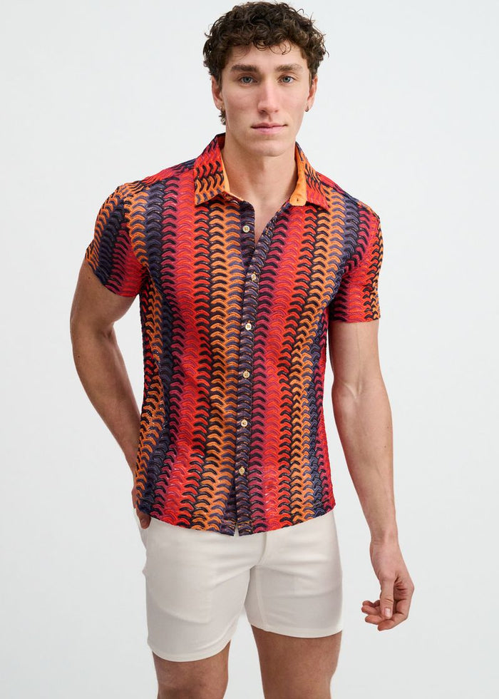 Navy/Red Vertical Arrow Stripe Open Knit Short Sleeve Shirt St-24072