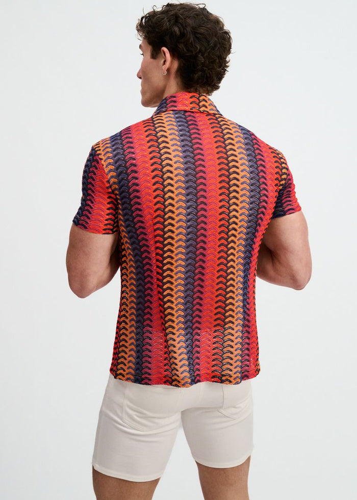 Navy/Red Vertical Arrow Stripe Open Knit Short Sleeve Shirt St-24072