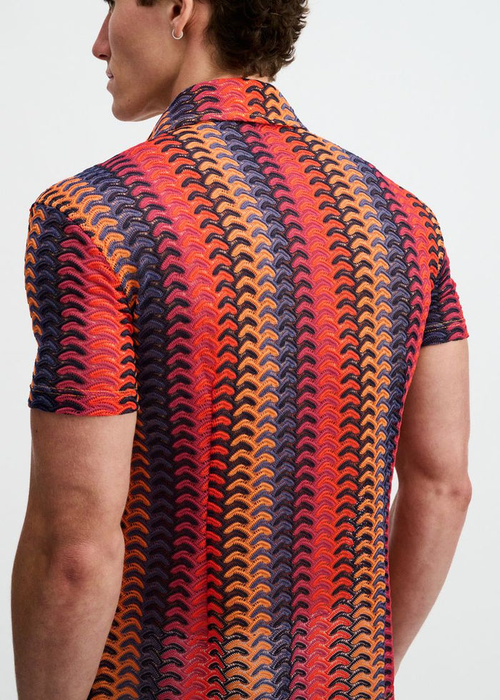 Navy/Red Vertical Arrow Stripe Open Knit Short Sleeve Shirt St-24072