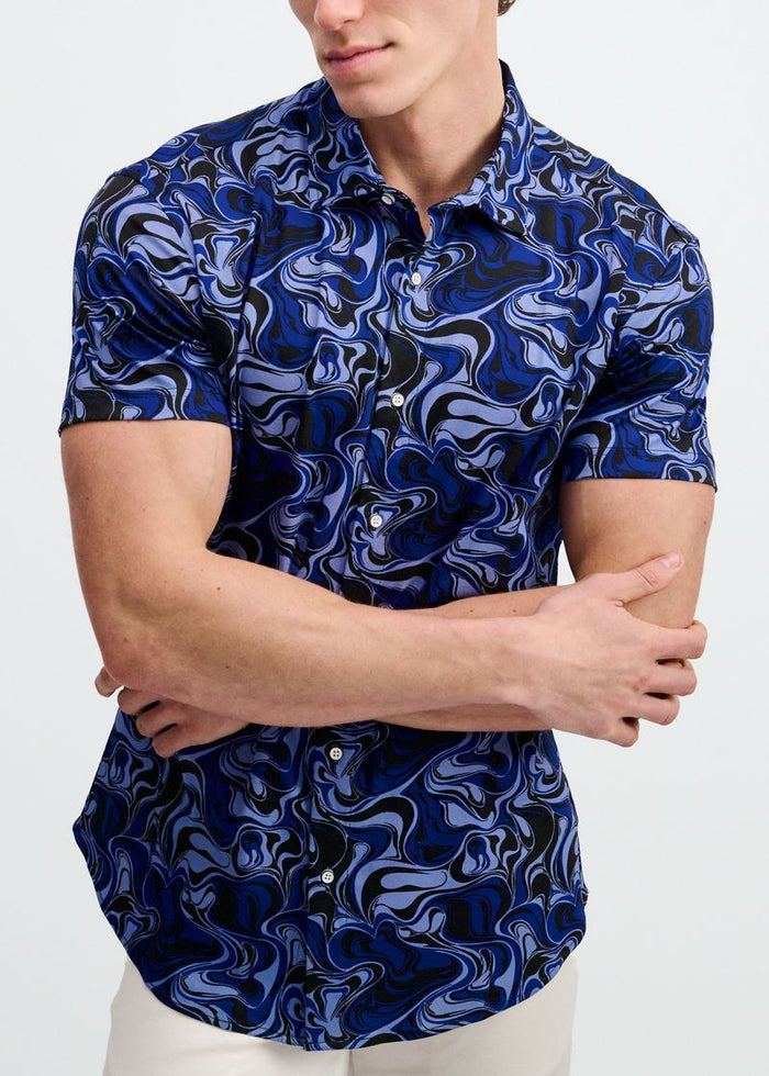Navy/Thistle Swirls Printed Cotton Knit Jersey Short Sleeve Shirt St-9368