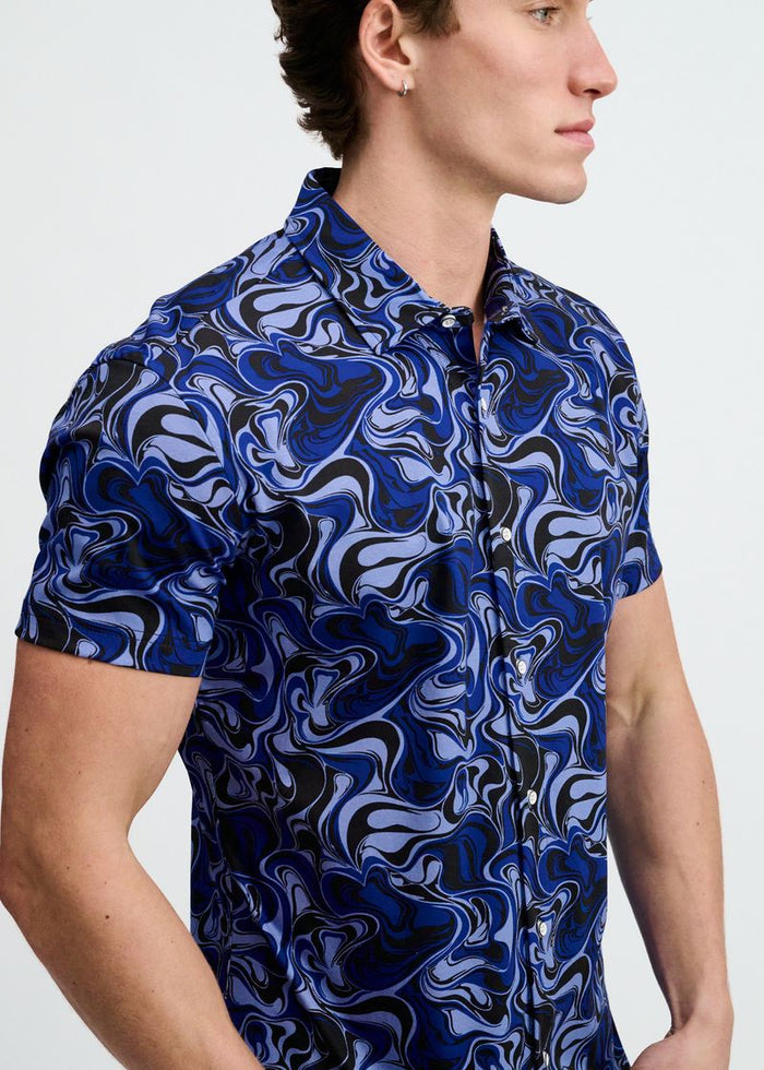 Navy/Thistle Swirls Printed Cotton Knit Jersey Short Sleeve Shirt St-9368