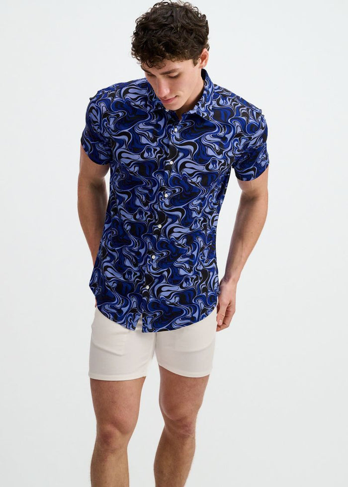 Navy/Thistle Swirls Printed Cotton Knit Jersey Short Sleeve Shirt St-9368