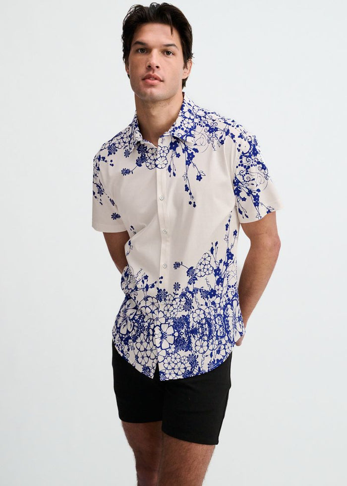 Navy/White Floral Engineered Border Print Cotton Knit Jersey Short Sleeve Shirt St-9351