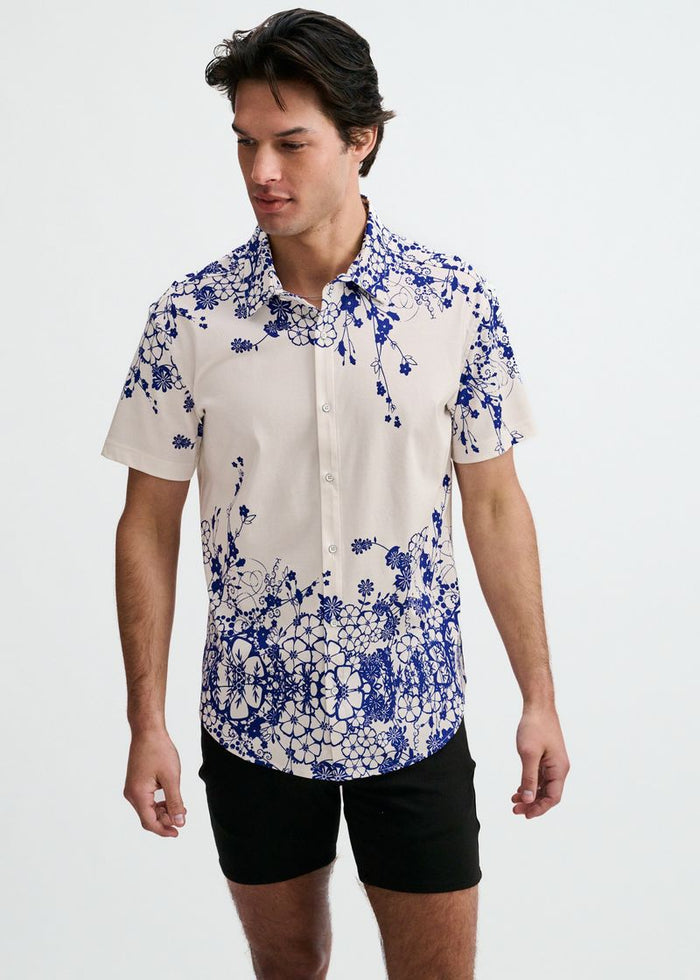Navy/White Floral Engineered Border Print Cotton Knit Jersey Short Sleeve Shirt St-9351