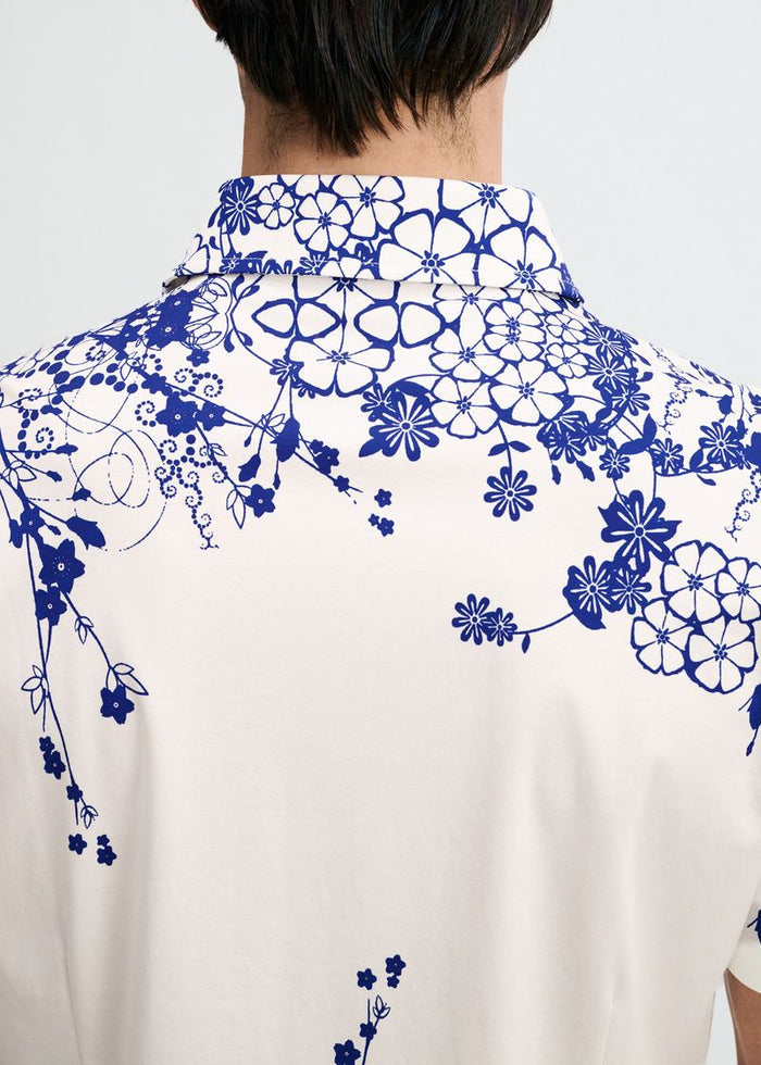 Navy/White Floral Engineered Border Print Cotton Knit Jersey Short Sleeve Shirt St-9351