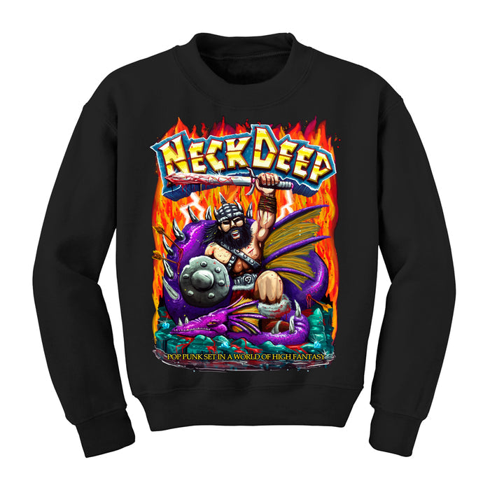 This black Neck Deep crewneck sweatshirt showcases vibrant art of a muscular armored warrior on a purple dragon with a mace, flames in the background, and text: “Neck Deep” and “Pop punk set in a world of high fantasy.” Ideal for Hero Quest fans.