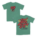 Neck Deep green t-shirt in 100% cotton featuring bold red and black rock deep text above a white flower, inspired by the Pushing Daisies Design. Back has large red text, yellow and white details, and a circular Neck Deep logo.