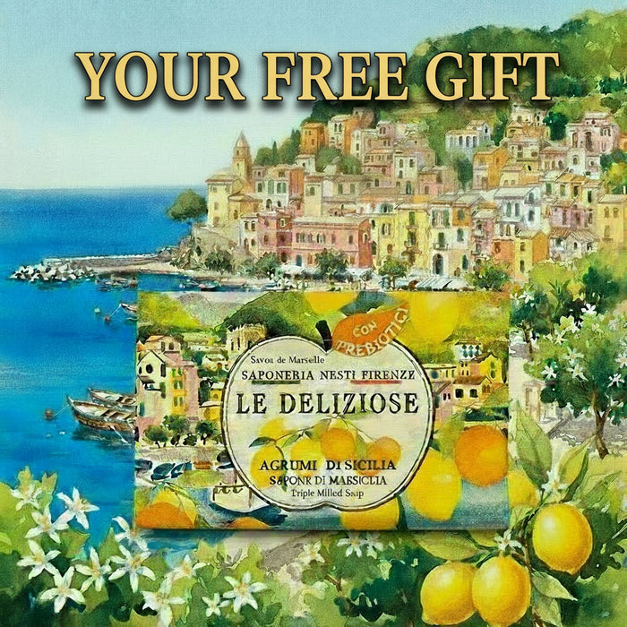 Soap bar with 'Le Deliziose' branding and Sicilian fruit illustration on a colorful background.