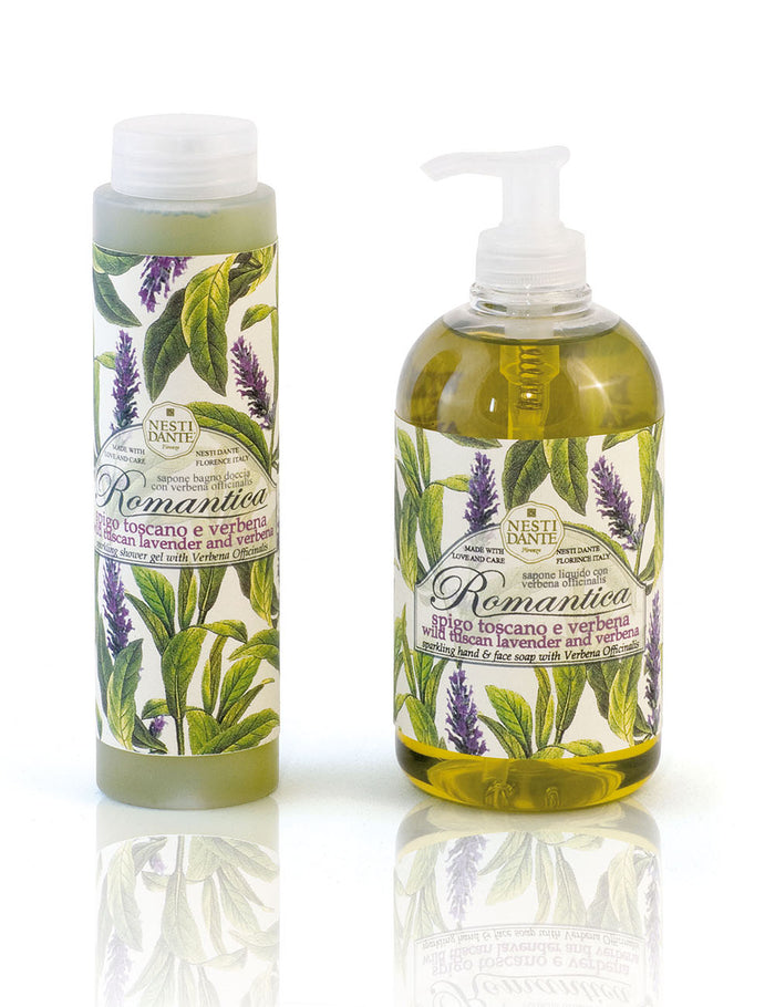 Two liquid soap bottles with lavender & verbena labels, pump and cap