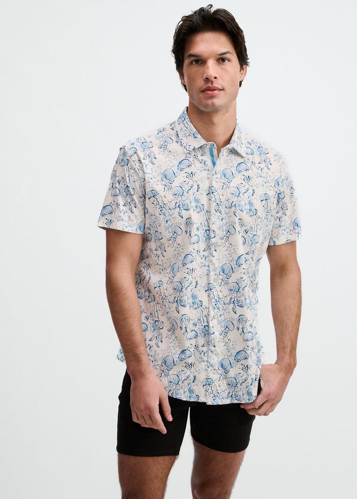 Ocean/Blue Jellyfish Printed Cotton Knit Jersey Short Sleeve Shirt W/Placket Detail St-9360