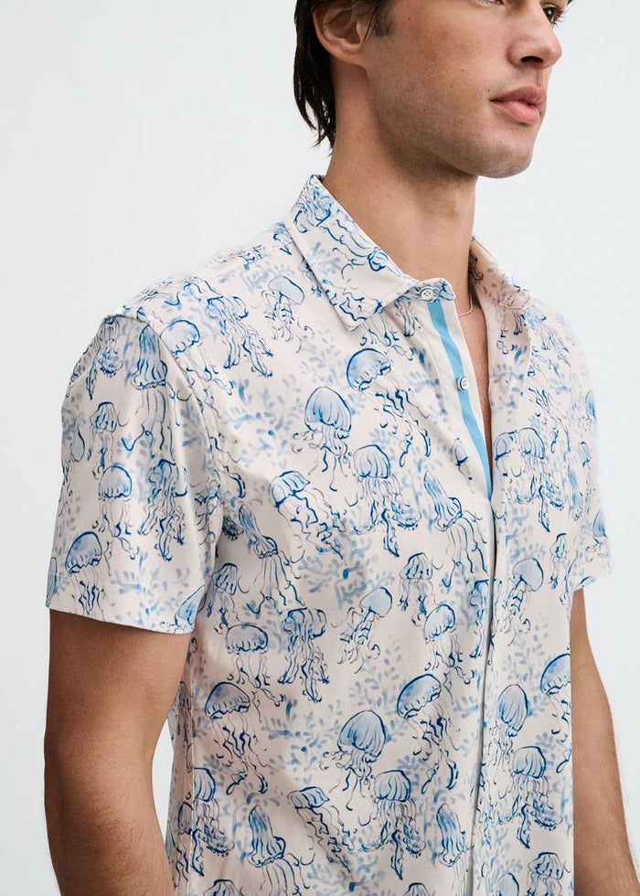 Ocean/Blue Jellyfish Printed Cotton Knit Jersey Short Sleeve Shirt W/Placket Detail St-9360