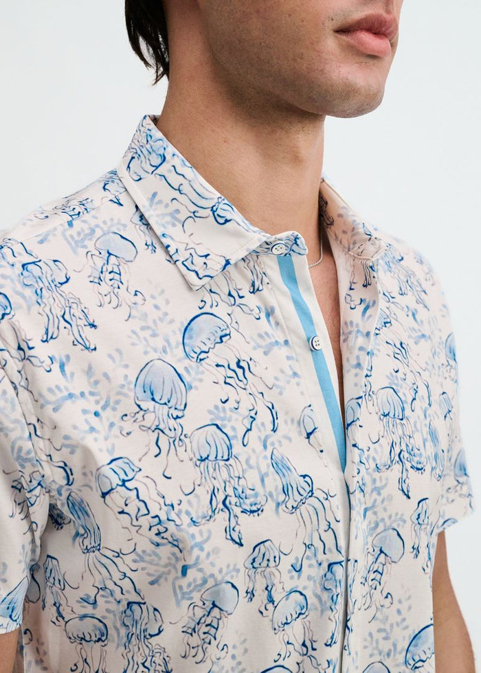 Ocean/Blue Jellyfish Printed Cotton Knit Jersey Short Sleeve Shirt W/Placket Detail St-9360