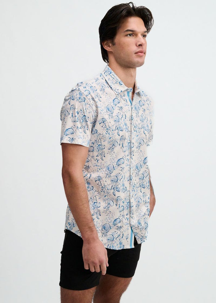 Ocean/Blue Jellyfish Printed Cotton Knit Jersey Short Sleeve Shirt W/Placket Detail St-9360