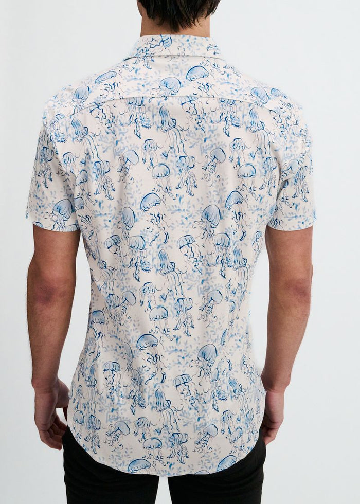 Ocean/Blue Jellyfish Printed Cotton Knit Jersey Short Sleeve Shirt W/Placket Detail St-9360