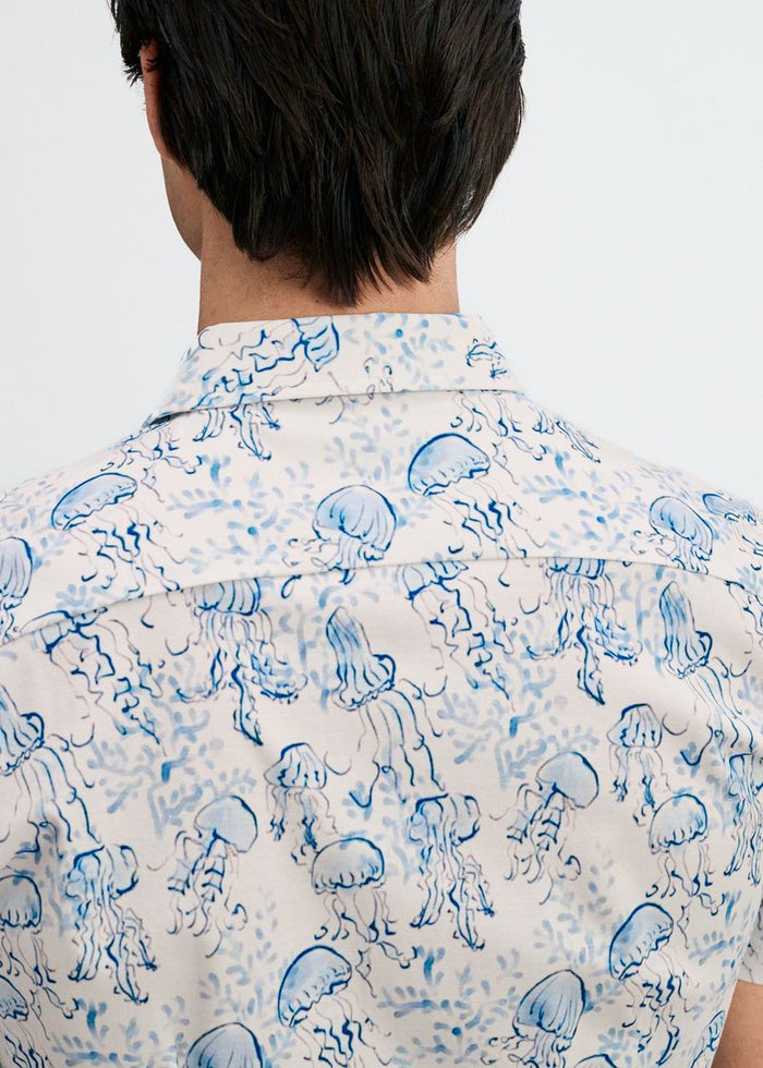Ocean/Blue Jellyfish Printed Cotton Knit Jersey Short Sleeve Shirt W/Placket Detail St-9360