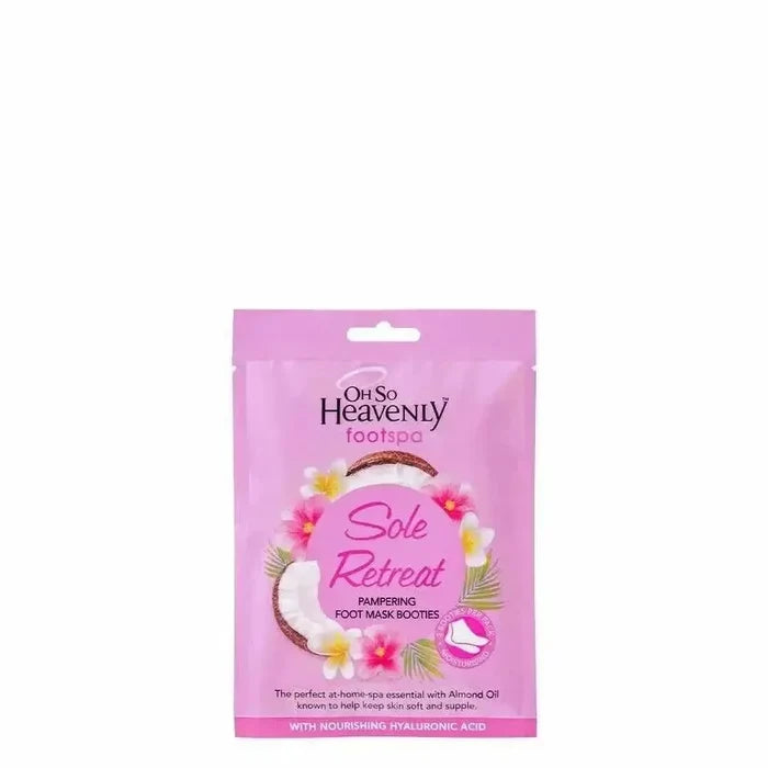 Oh So Heavenly Footspa Sole Retreat Pampering Foot Mask packaging with moisturizing ingredients for soft feet