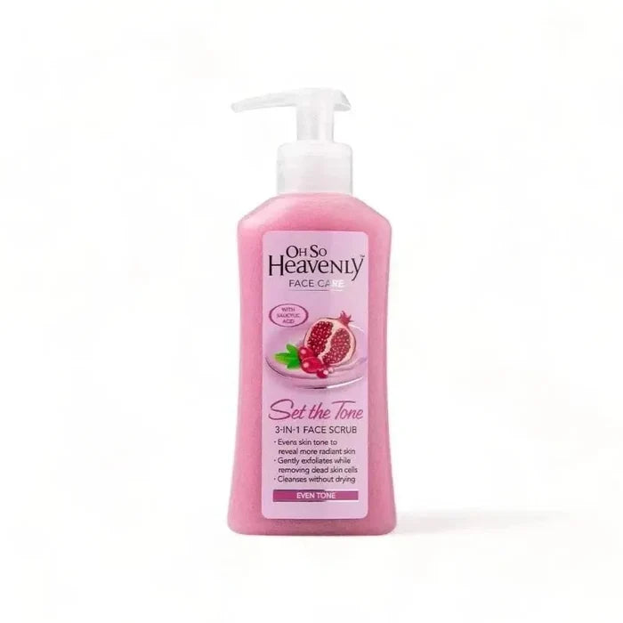 Oh So Heavenly Set the Tone 3-in-1 Face Scrub bottle with natural ingredients and exfoliating beads