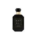 Black perfume bottle with gold cap on a white background