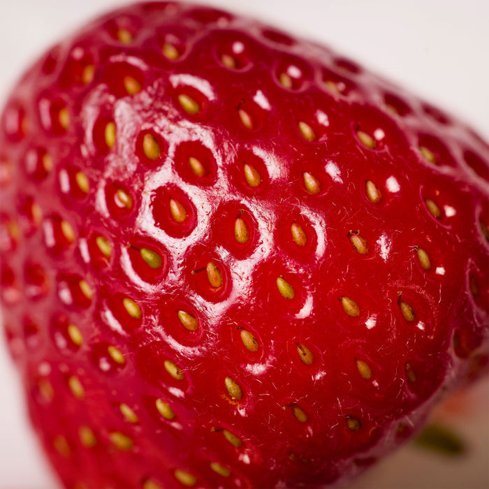 Close-up of a red strawberry with visible seeds on a white background