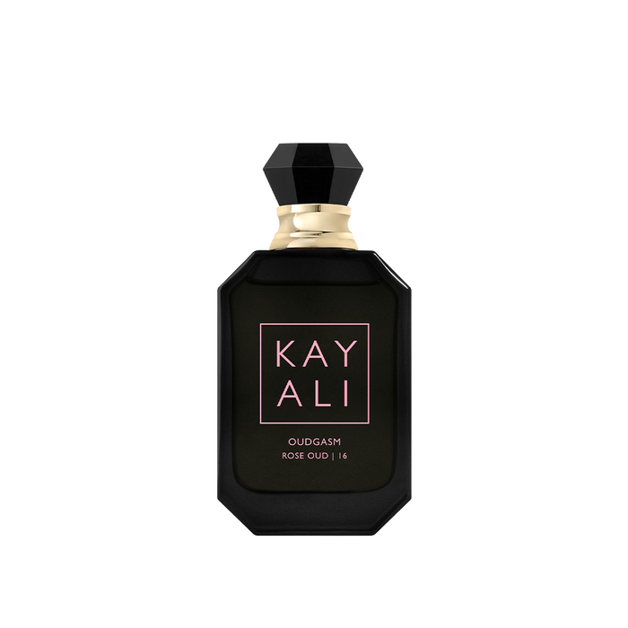 Black perfume bottle with 'KAYALI' branding on a white background