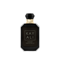 Black perfume bottle with gold cap on a white background
