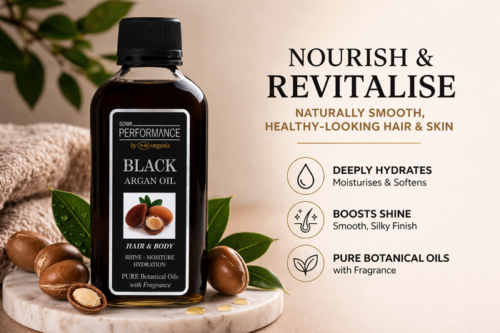 P+50 Sonik Performance Black Argan Oil 125ml | Hydrating Hair & Skin Oil for Shine, Growth & Repair | Lightweight Nourishing Oil UK