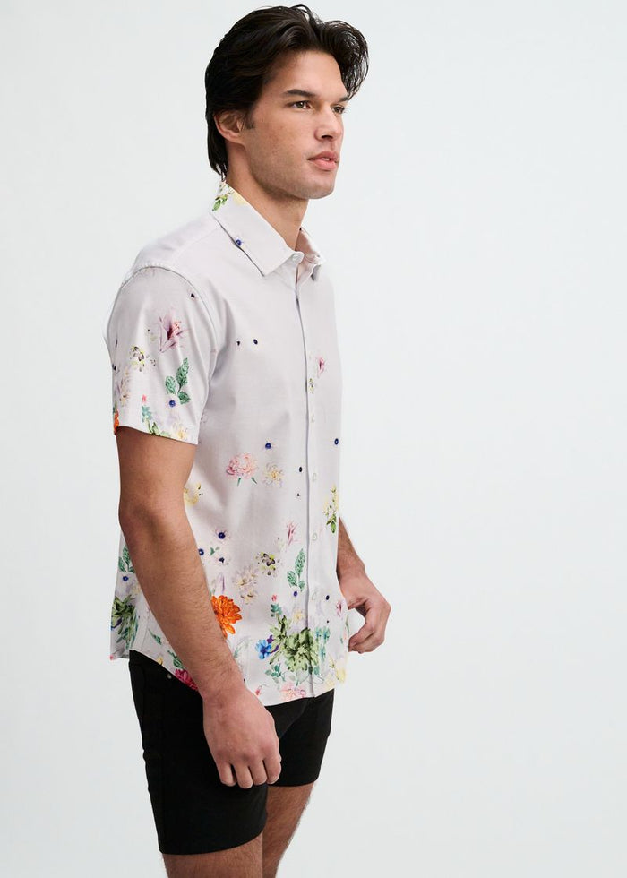 Periwinkle/Spring Floral Engineered Border Print Cotton Knit Jersey Short Sleeve Shirt St-9355