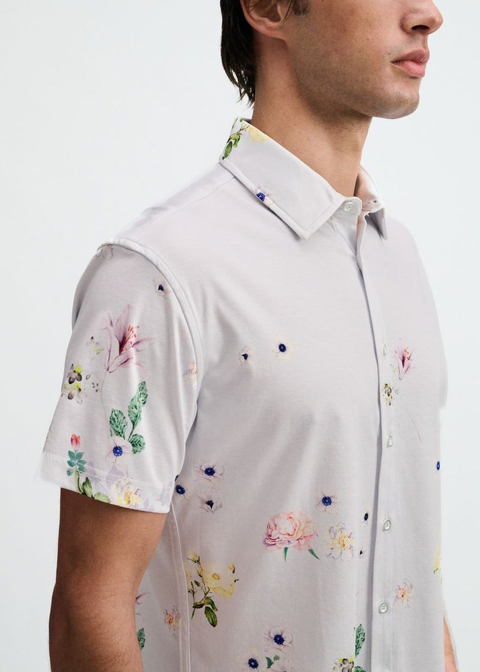 Periwinkle/Spring Floral Engineered Border Print Cotton Knit Jersey Short Sleeve Shirt St-9355