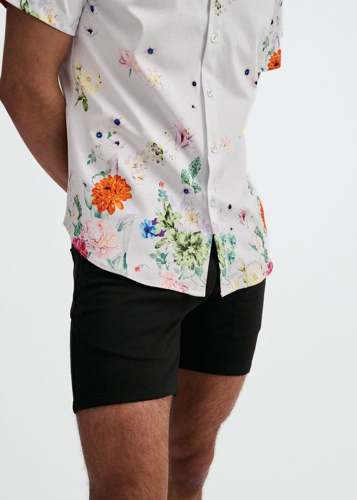 Periwinkle/Spring Floral Engineered Border Print Cotton Knit Jersey Short Sleeve Shirt St-9355