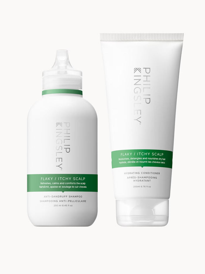 Philip Kingsley Flaky and Itchy Scalp Shampoo and Conditioner duo, 250ml and 200ml bottles, for scalp relief and healthy hair.