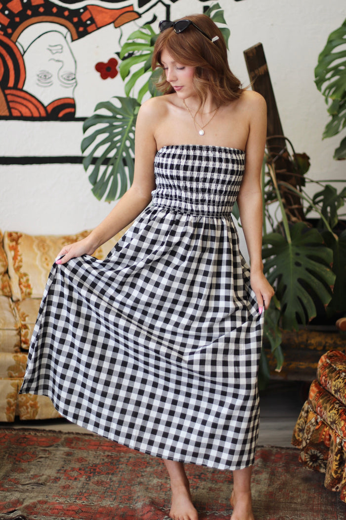 Picnic Date B&W Gingham Strapless Dress