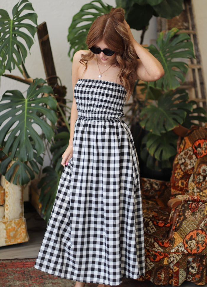 Picnic Date B&W Gingham Strapless Dress