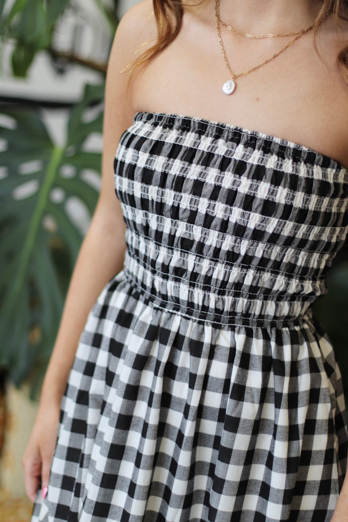 Picnic Date B&W Gingham Strapless Dress