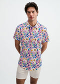 Pink/Purple Blooms Printed Cotton Knit Jersey Short Sleeve Shirt W/Placket Detail St-9358