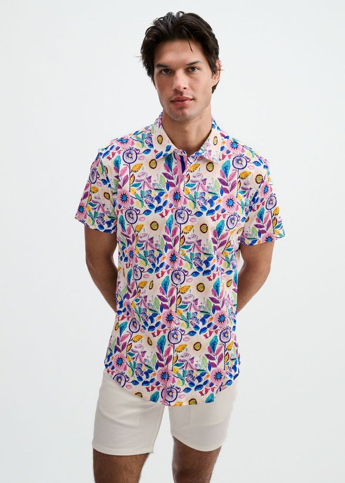Pink/Purple Blooms Printed Cotton Knit Jersey Short Sleeve Shirt W/Placket Detail St-9358