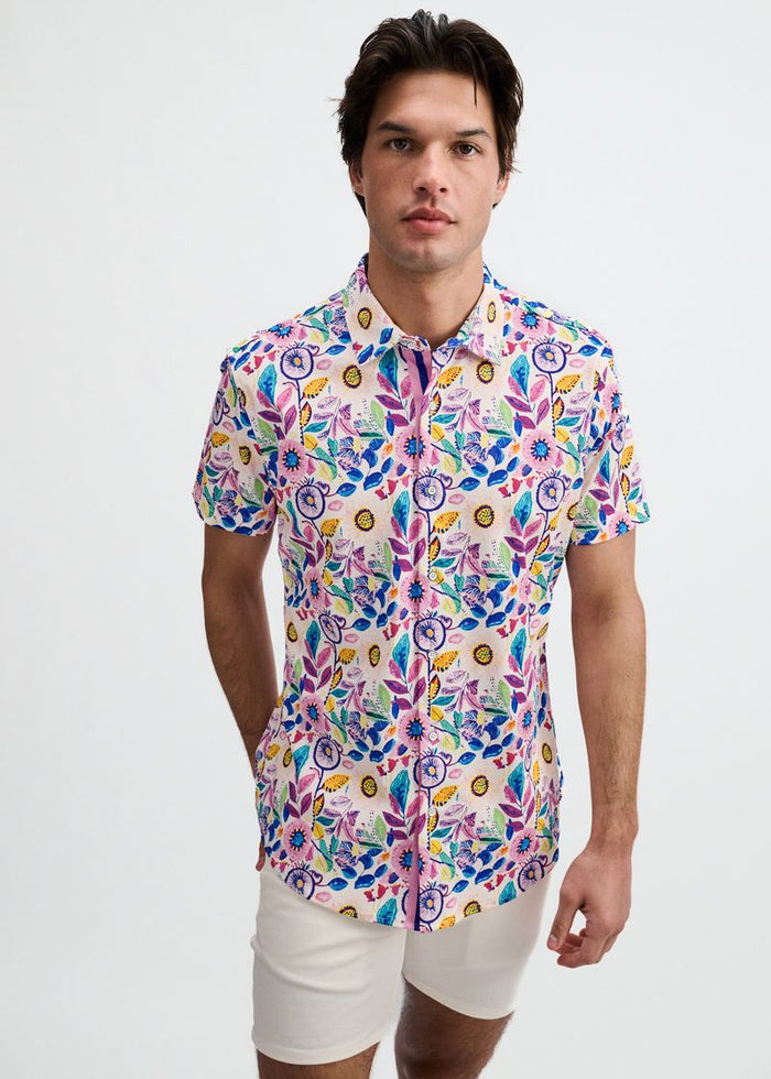 Pink/Purple Blooms Printed Cotton Knit Jersey Short Sleeve Shirt W/Placket Detail St-9358