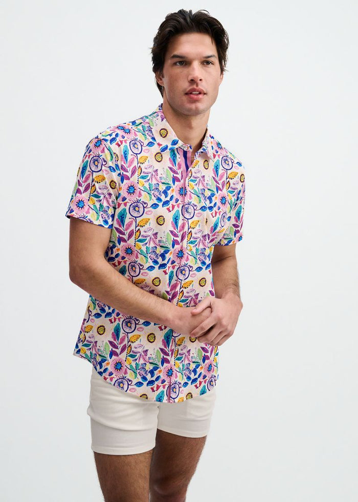 Pink/Purple Blooms Printed Cotton Knit Jersey Short Sleeve Shirt W/Placket Detail St-9358