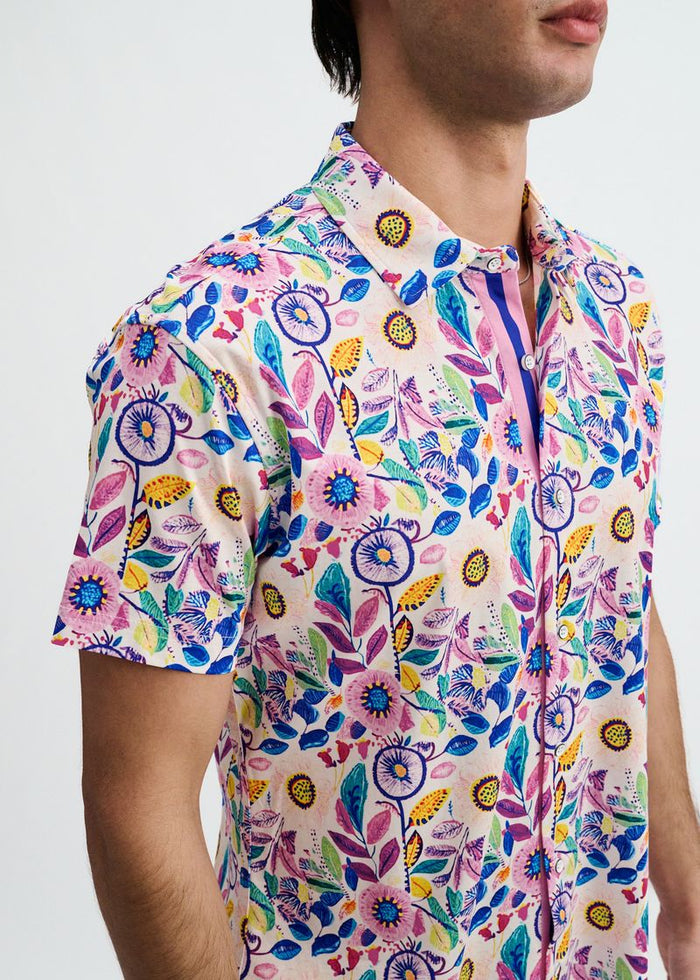 Pink/Purple Blooms Printed Cotton Knit Jersey Short Sleeve Shirt W/Placket Detail St-9358