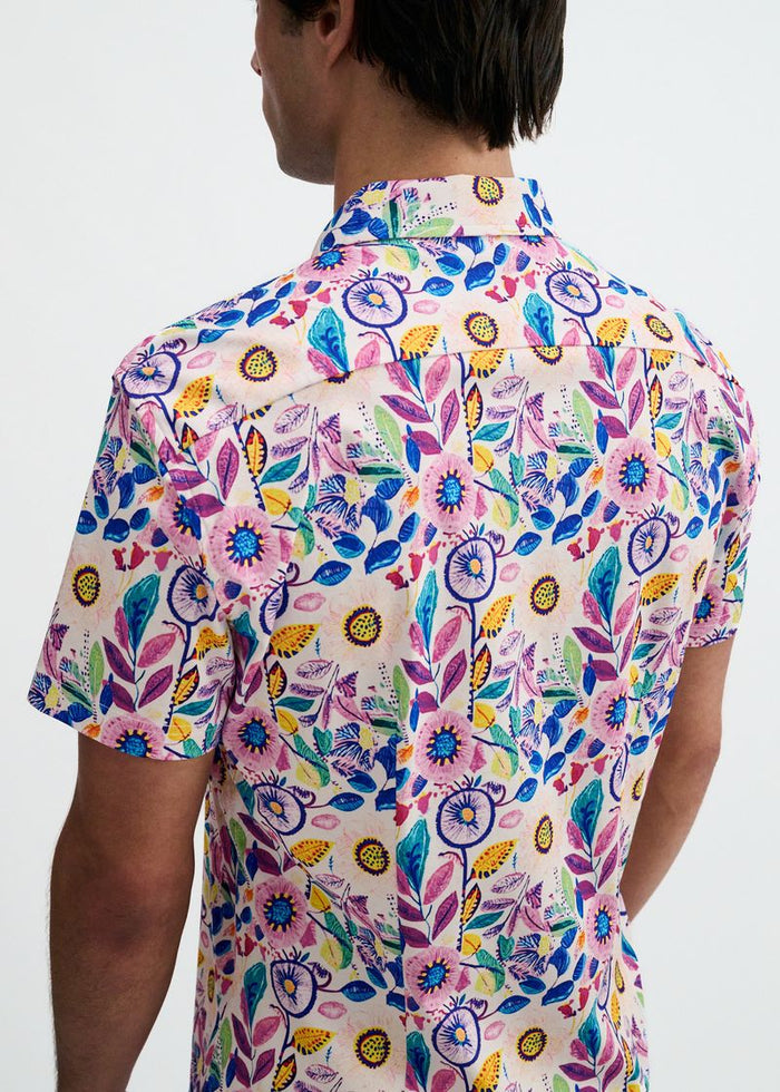 Pink/Purple Blooms Printed Cotton Knit Jersey Short Sleeve Shirt W/Placket Detail St-9358