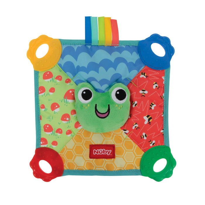 The Plush Pal Teether Blankie | Frog features a cheerful frog face, four textured corners in red, yellow, blue, and green for sensory development, patterned fabric sections, ribbon loops on top, and the Nûby logo. Perfect as a teething blankie.