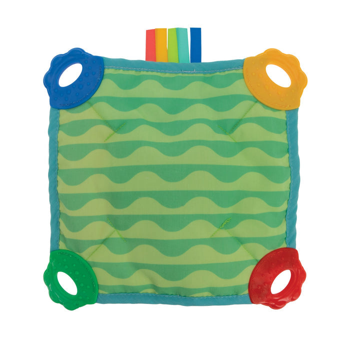 The Plush Pal Teether Blankie | Frog features green and yellow stripes, blue trim, four textured corners in blue, yellow, green, and red for sensory play, plus four colorful ribbon loops at the top.