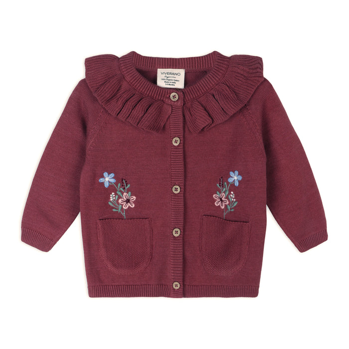 Pocket of Flowers Embroidered Baby Cardigan Sweater, Organic Cotton