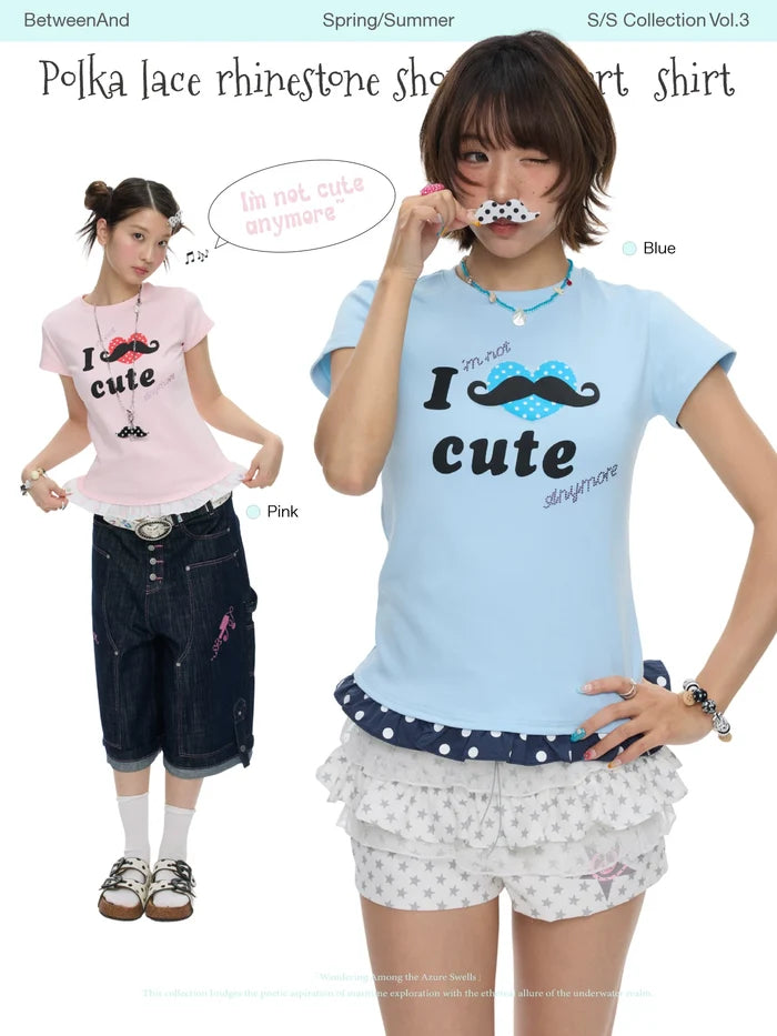 Polka lace rhinestone shoulder short top "I love cute"