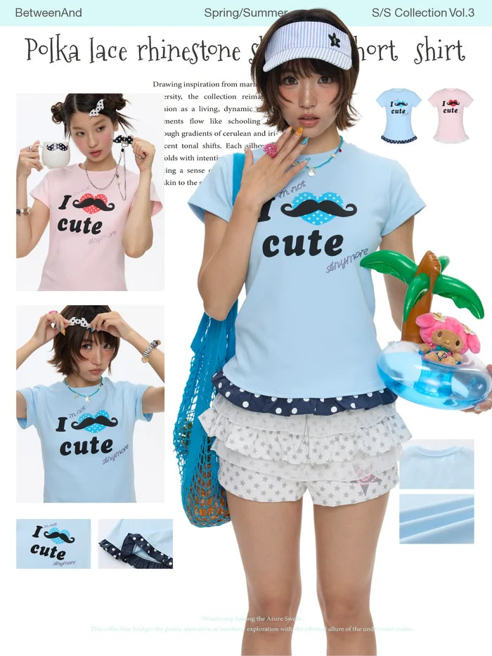 Polka lace rhinestone shoulder short top "I love cute"