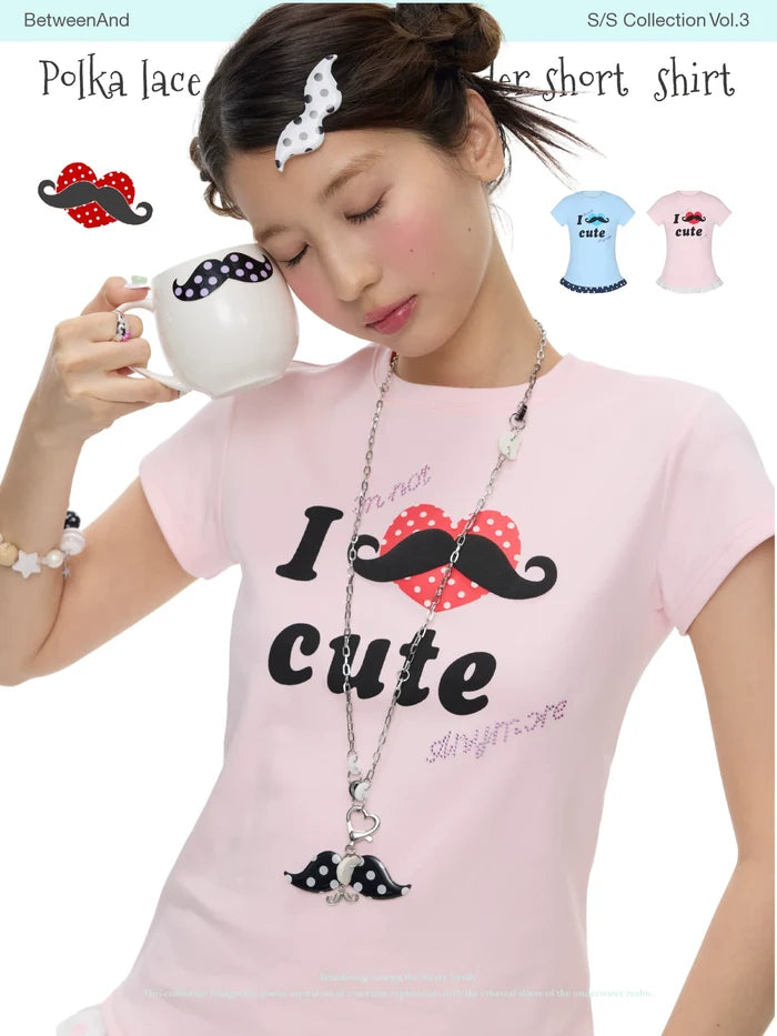 Polka lace rhinestone shoulder short top "I love cute"