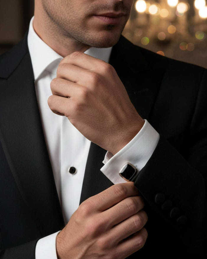 Silver cufflinks with black glossy square fronts on a white dress shirt cuff